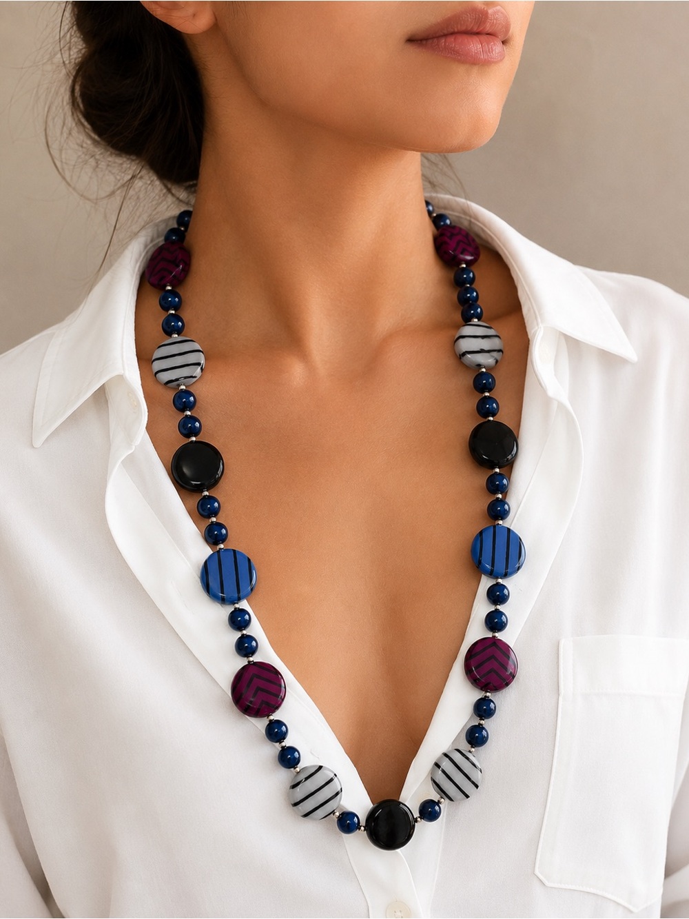 Source Unknown Blue, Black, White & Purple Striped Bead Necklace